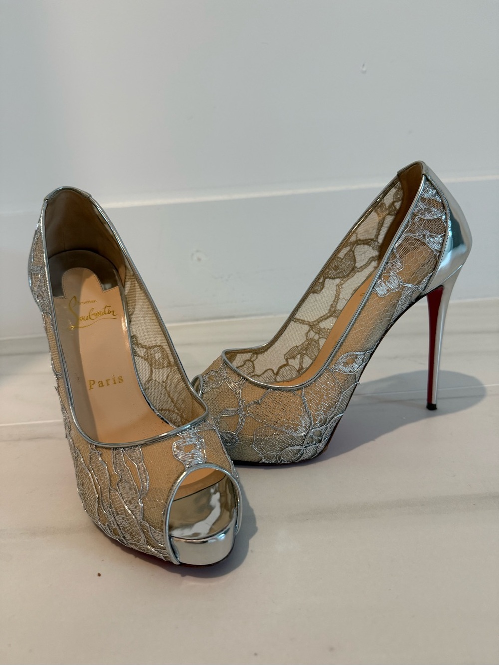 Christian Louboutin Silver Lace Peep-Toe Platform Pumps